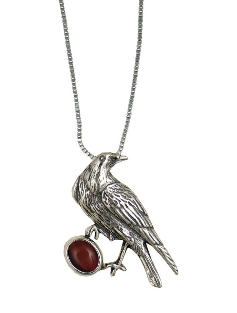 Sterling Silver Raven Pendant With Red Tiger Eye